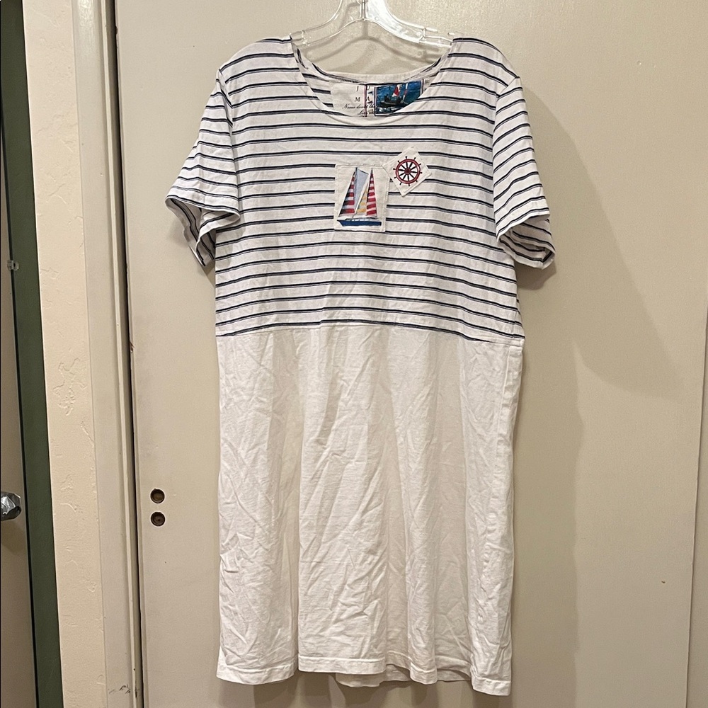 Julie Mango Casual Striped Nautical Midi Dress - White & Navy